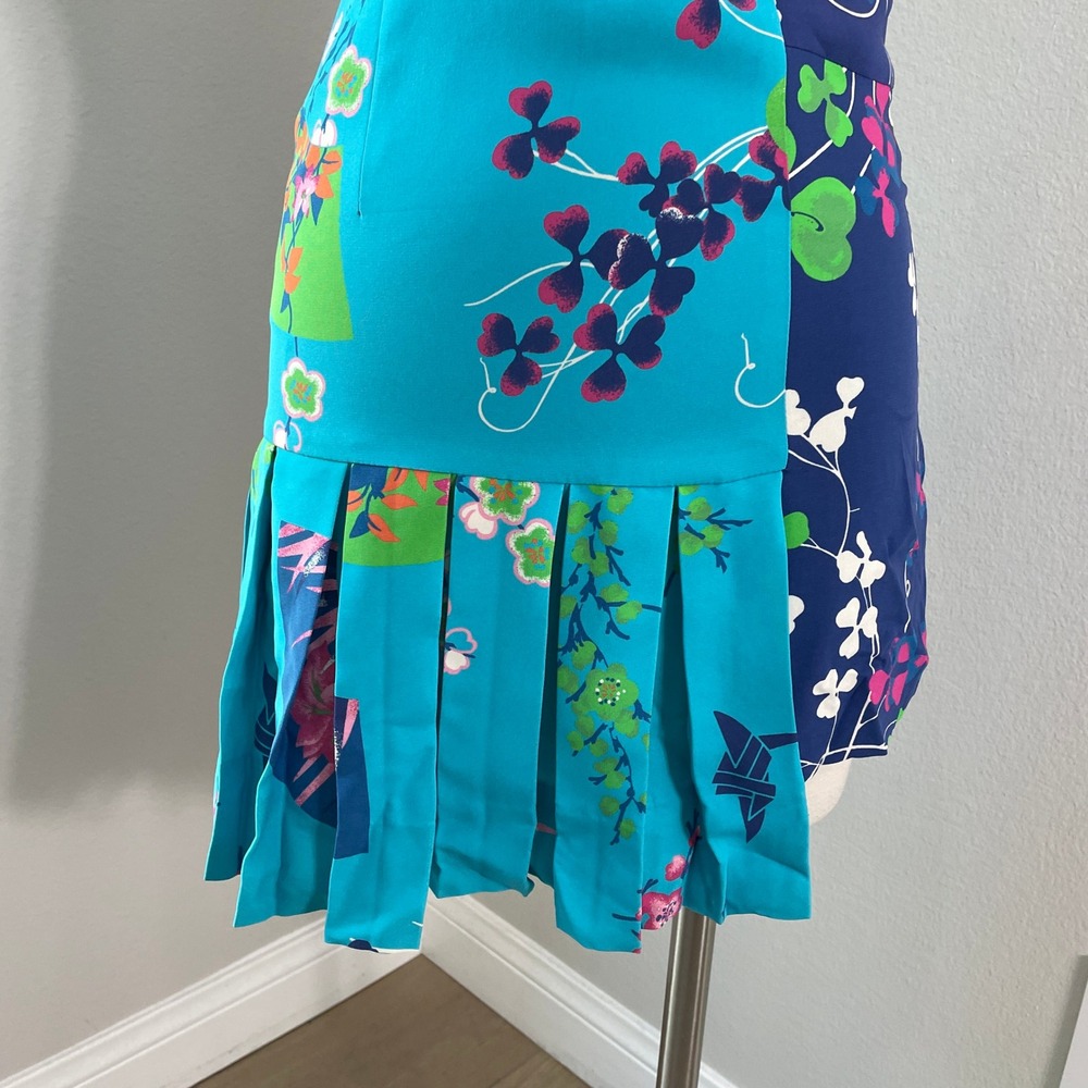 Versace H&M Womens 2 Blue Floral 100% Silk Mini Dress Pleated Gold Button - Picture 10 of 11
